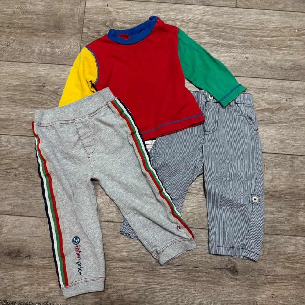 Fisher-Price Toddler Boy Lot 3pc Colorblock Shirt Striped Pants 12-18M